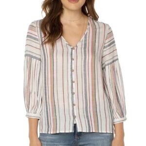 Liverpool Multicolor Striped Button Front Peasant Top Puff Sleeves XS